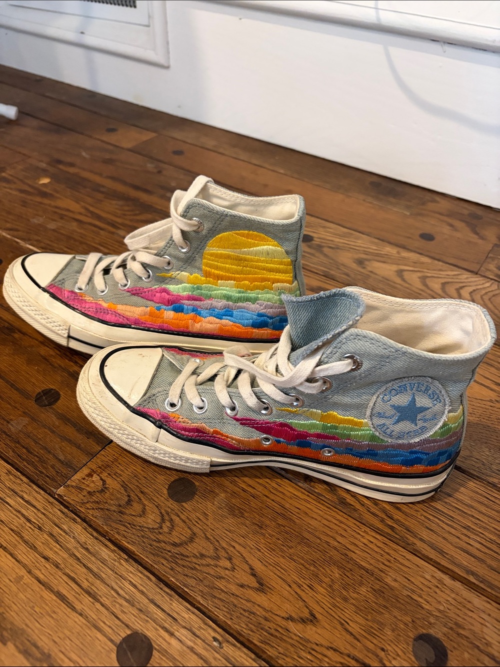 Converse Light Denim High Top Sneakers with Multicolor Embroidered Sunset